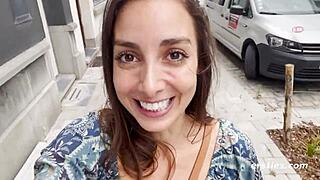 exhibitionist ana flashes shaved pussy outdoors then fingers it