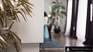 Sneaky husband doggystyles busty wife Rachael Cavalli in lingerie after banging his stocking-clad mistress