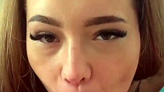 Petite brunette model rims, deepthroats, takes messy facial on natural tits.