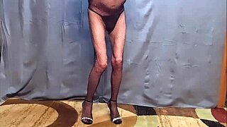 Busy-bottom sizzles in fishnet body stocking heels HD