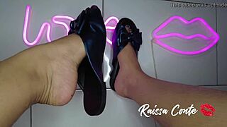 steirinha's flip flop footjob oozes cum from oiled latina soles