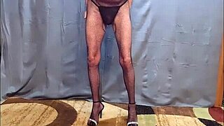 Busy-bottom sizzles in fishnet body stocking heels HD