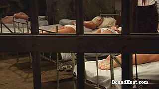 lesbian slave tied up in garage punished with electro shocks till she orgasms hard