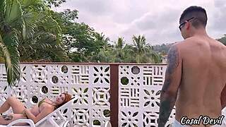 FUENDO a redhead amiga of my esposa by the pool with SPANKING feet flashing and domination