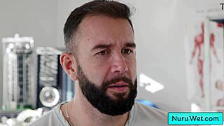 Sexy blonde teen masseuse anna claire clouds preps client for wet nuru pussy pound