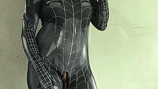 asian spiderman cosplay brunette huge tits big ass solo skirt masturbation