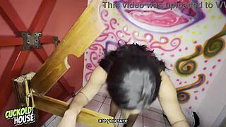 naughty bride fucks two guys in bdsm room closeup