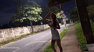 risky public handjob for hot redhead at bus stop 😈🍆💦