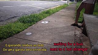 risky public handjob for hot redhead at bus stop 😈🍆💦