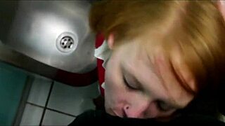 russian whore drops to knees for cum-guzzling toilet blowjob