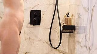 Japanese black-haired cutie bathes in steamy shower