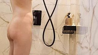 Japanese black-haired cutie bathes in steamy shower