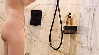 Japanese black-haired cutie bathes in steamy shower