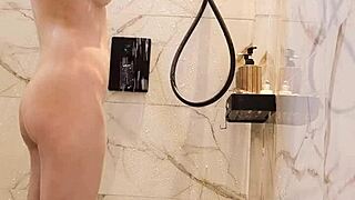 Japanese black-haired cutie bathes in steamy shower