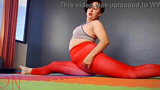 Regina noir stretches in see-through red yoga leotard 🔥🧘‍♀️