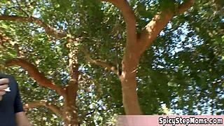 busty stepmom starts workout but ends up fucking quick outside