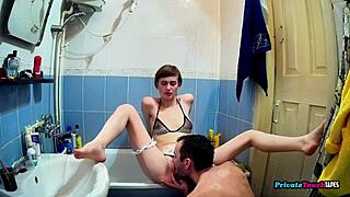 skinny maid sucks my cock in the bathroom then fucks perfectly