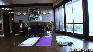 tasha reign's shaved ass cums from keni's yoga class load