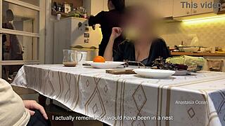 Husband jerks under kitchen table before stepmom