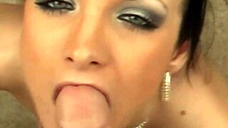 horny brunette slurps cock in sexy blowjob