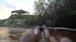 Skinny african babe teases tits in water 💦🖤😏