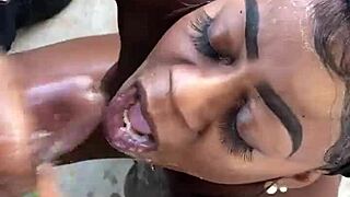 Thick Tatted Ebony Slut Strips Heels Sucks Slurps Bbc Outdoor Facial Cum