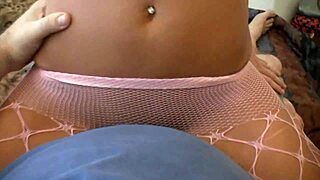 pretty brunette jenny welch rides cock in fishnets