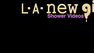 brunette model steps into shower lettin water tease her petite body 😏🚿