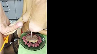 granny savors stripper's cum topping her cake in femdom feast