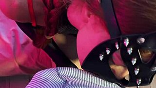 Naughty petite redhead in thigh-high boots and fishnets bends over for doggystyle blowjob then missionary creampie cum covered reward