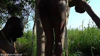 chief's son grabbed dancing skinny tribe girl fucked her against african tree