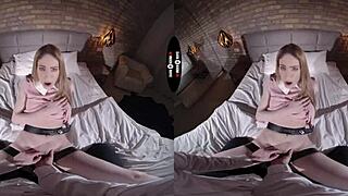 shaved big tits babe gives hardcore bj and handjob in dark vr room