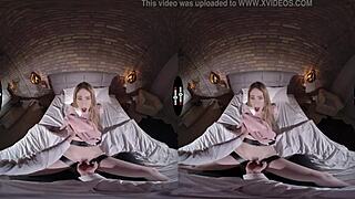 shaved big tits babe gives hardcore bj and handjob in dark vr room
