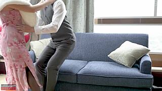 Newlywed Chinese bride in lingerie and stockings shares first married sex night with hot Asian wife