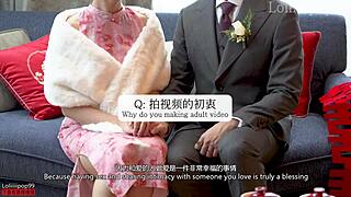 Newlywed Chinese bride in lingerie and stockings shares first married sex night with hot Asian wife