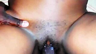 Ghetto girl's huge pussy lips destroyed by monster cock as she squirts visiting friend.