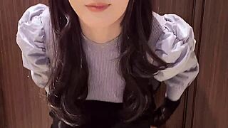 pretty curly-haired crossdresser masturbates quietly alone