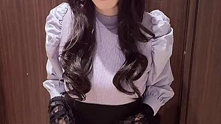 pretty curly-haired crossdresser masturbates quietly alone