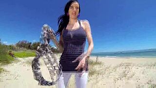 brunette milf in lingerie heels fishnets fucked doggystyle beach bed big cock