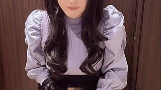 pretty curly-haired crossdresser masturbates quietly alone