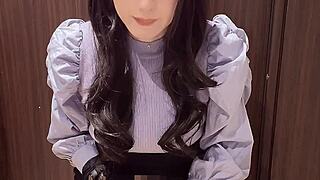 pretty curly-haired crossdresser masturbates quietly alone