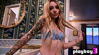 inked blonde teen bares amazing body