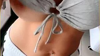 The housewife milf wifey slips into her sheer tit-flashing shirt and stuns with perfect big boobs homemade reveal