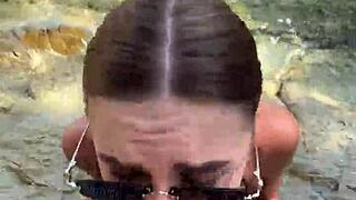 beach stranger's sloppy blowjob drips cum over face and tits