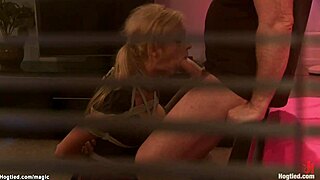 hogtied student gags deep on monster cock before rough group banging