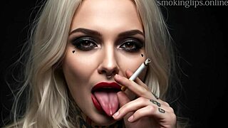 She puffs devilish smokes in her lipstick fetish monster tease