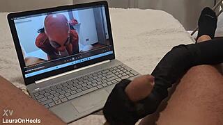 MILF GLOVES JERK BIG COCK UNTIL MASSIVE CUMSHOT POURS!