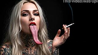 She puffs devilish smokes in her lipstick fetish monster tease