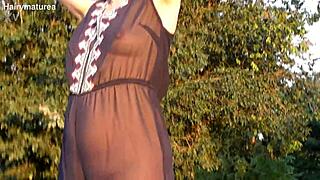 hairy mature flashes see-through outfit outdoors publicly