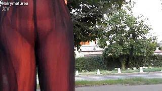 hairy mature flashes see-through outfit outdoors publicly